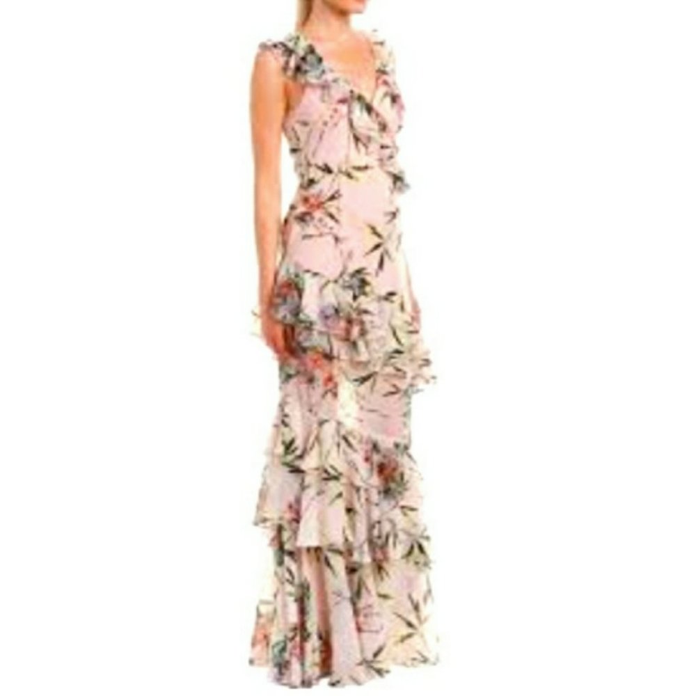 JayGodfrey Floral V-Neck Tiered Ruffle Trim Dress